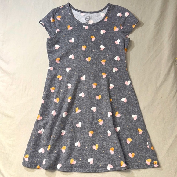 Gray Heart Dress Girl’s 10-12 Fit & Flare Gray Pink Metallic Soft Casual Spring - Picture 1 of 6